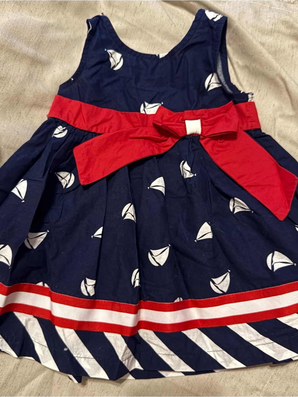 Blueberi Boulevard - Navy Sailboat Print Dress with Red Bow for Girls -18 months